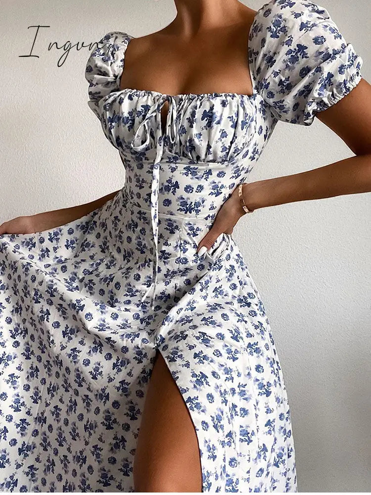 Ingvn - Print Summer Dress Women Floral Short Puff Sleeves Square Collar Holiday MIDI Dress Female Drawstring High Slit Dress