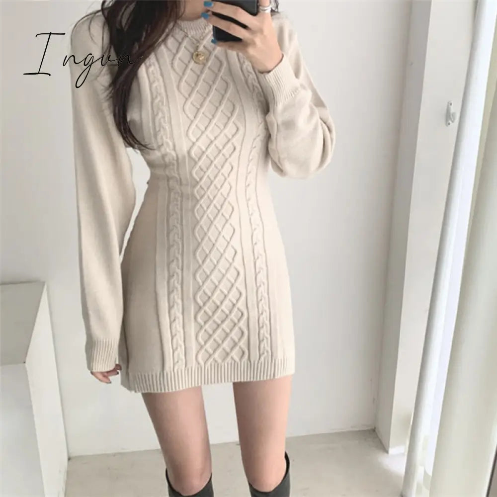 Ingvn - Fashion Hollow Out Waist Sweater Dress Women Autumn Winter High Elastic Twist Knitted Dress Casual Bodycon Mini Dress 3 Colors