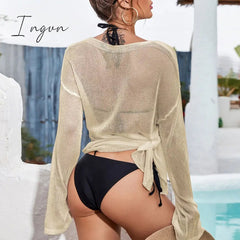 Ingvn - Mesh Women's Beach Cover Up Sexy Solid Sarong Swimsuit New Long Sleeve Swimwear Women Knot Side Fashion Cover-ups