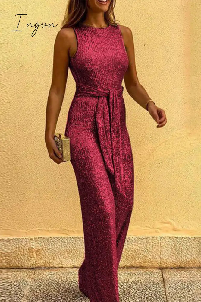 Ingvn - British Style Elegant Solid Sequins Backless O Neck Jumpsuits