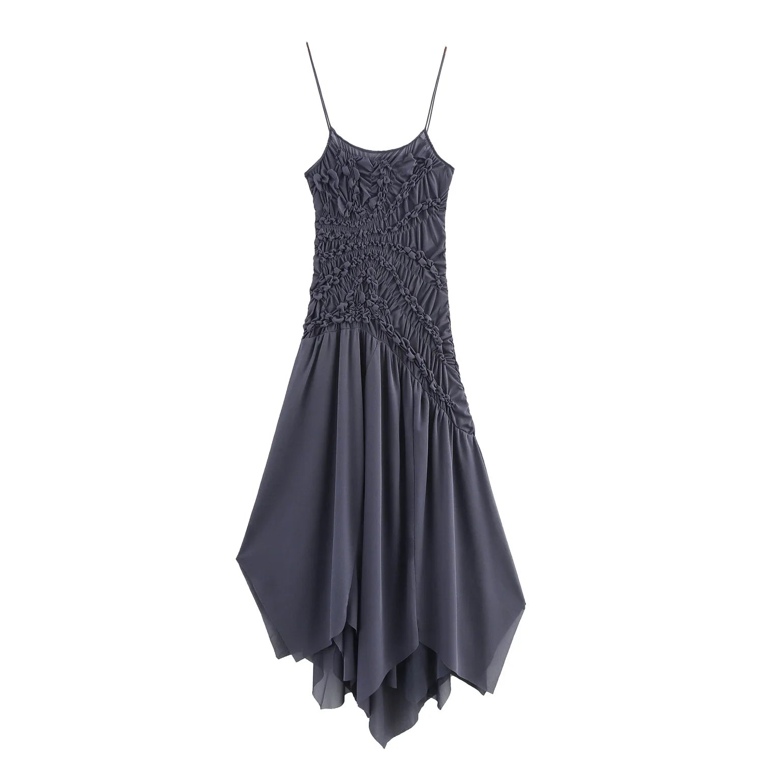 New Women Sexy Spaghetti Straps O Neck Ruched Asymmetrical Dress Holiday Summer Midi Vestidos