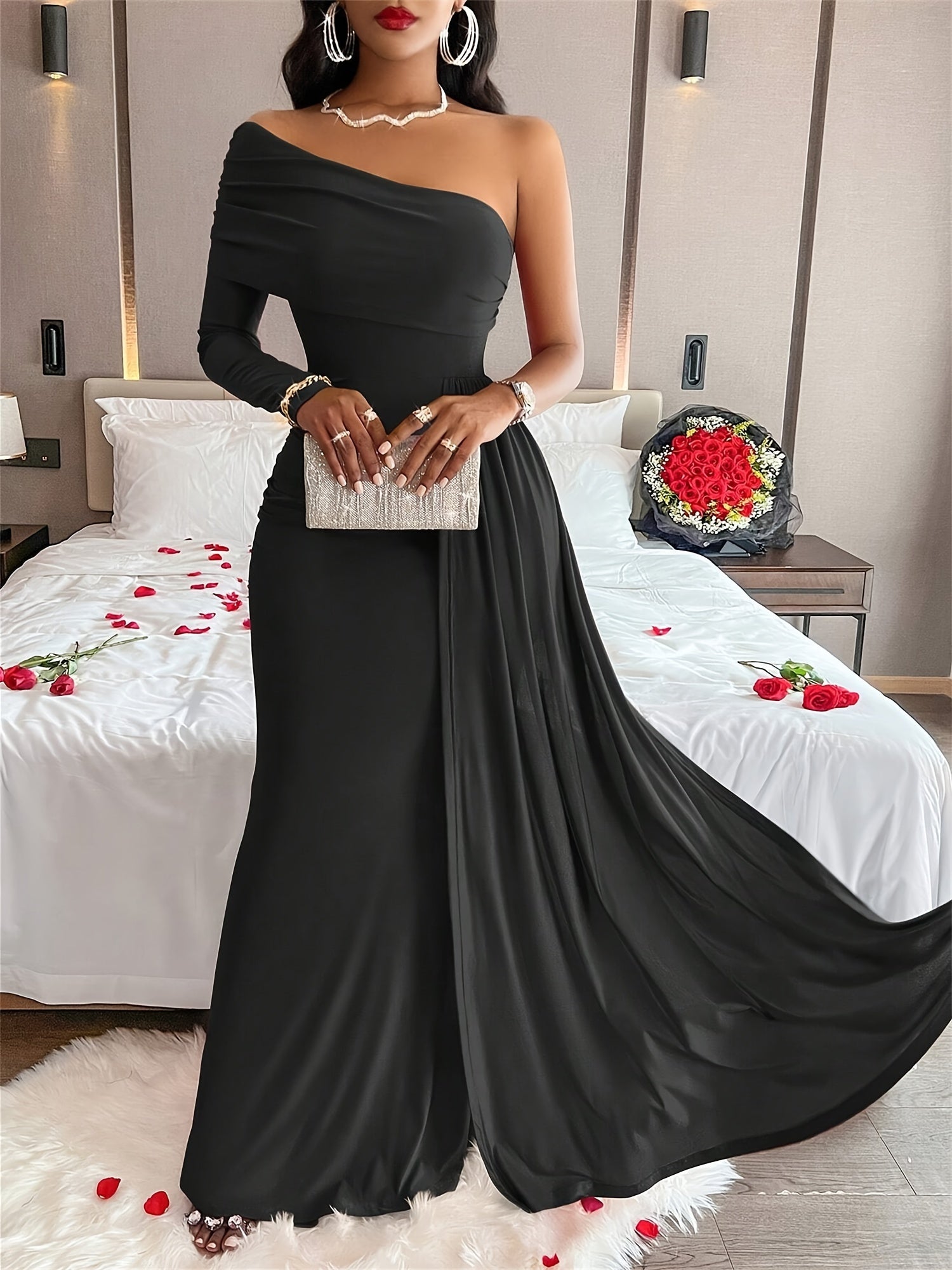 Elegant Oblique-Shoulder Long Sleeve Formal Wedding Guest Dress Maxi Dress