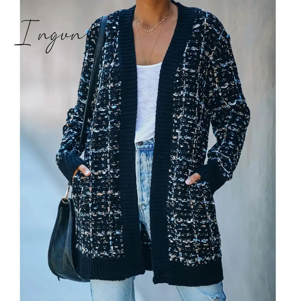 Ingvn - Fitshinling Bohemian Plaid Cardigans Women Vintage Long Coat Female Jacket Knitwear Winter Slim Sweater Cardigan Pockets