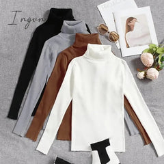Ingvn - Women's Pullover Sweater Jumper Jumper Ribbed Knit Knitted Thin Solid Color Turtleneck Basic Casual Daily Winter Fall caramel Black One-Size