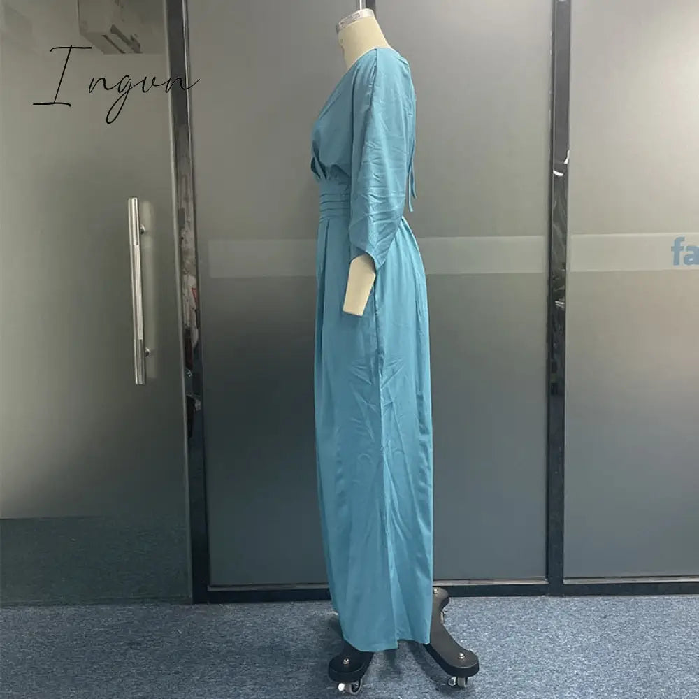 Ingvn - Women Jumpsuit Summer Short Bat Sleeve V Neck Backless Nipped Waist Loose Wide Legs Casual Pants Romper High Streetwear