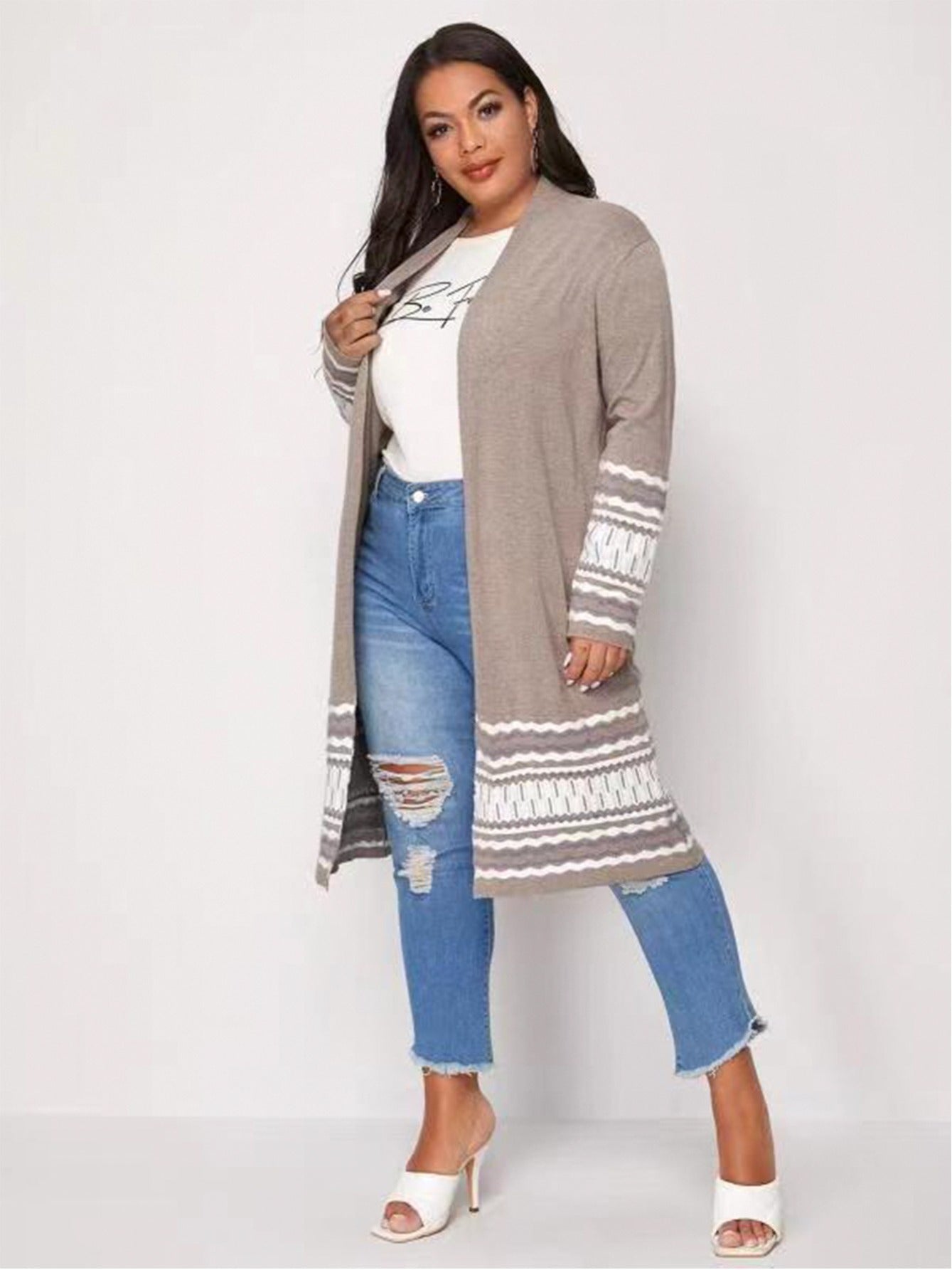 Women's Plus Size Long Casual Colorblock Knit High Stretch Sweater Cardigan