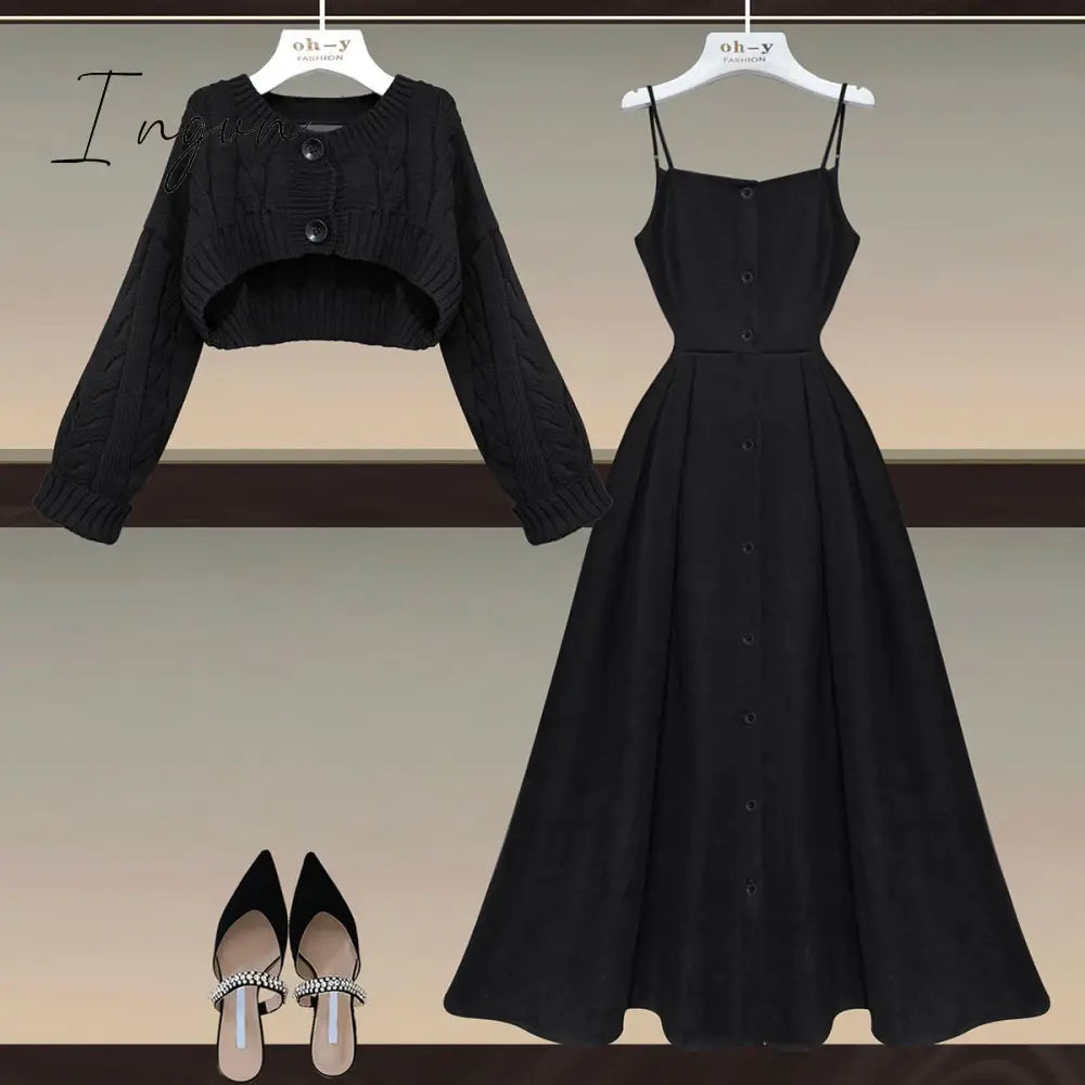 Ingvn - Fall Winter Two Piece Sets Women Outfits Korean Casual Long Sleeve Twist Knitted Short Sweater And Straped High Waist Dress Sets