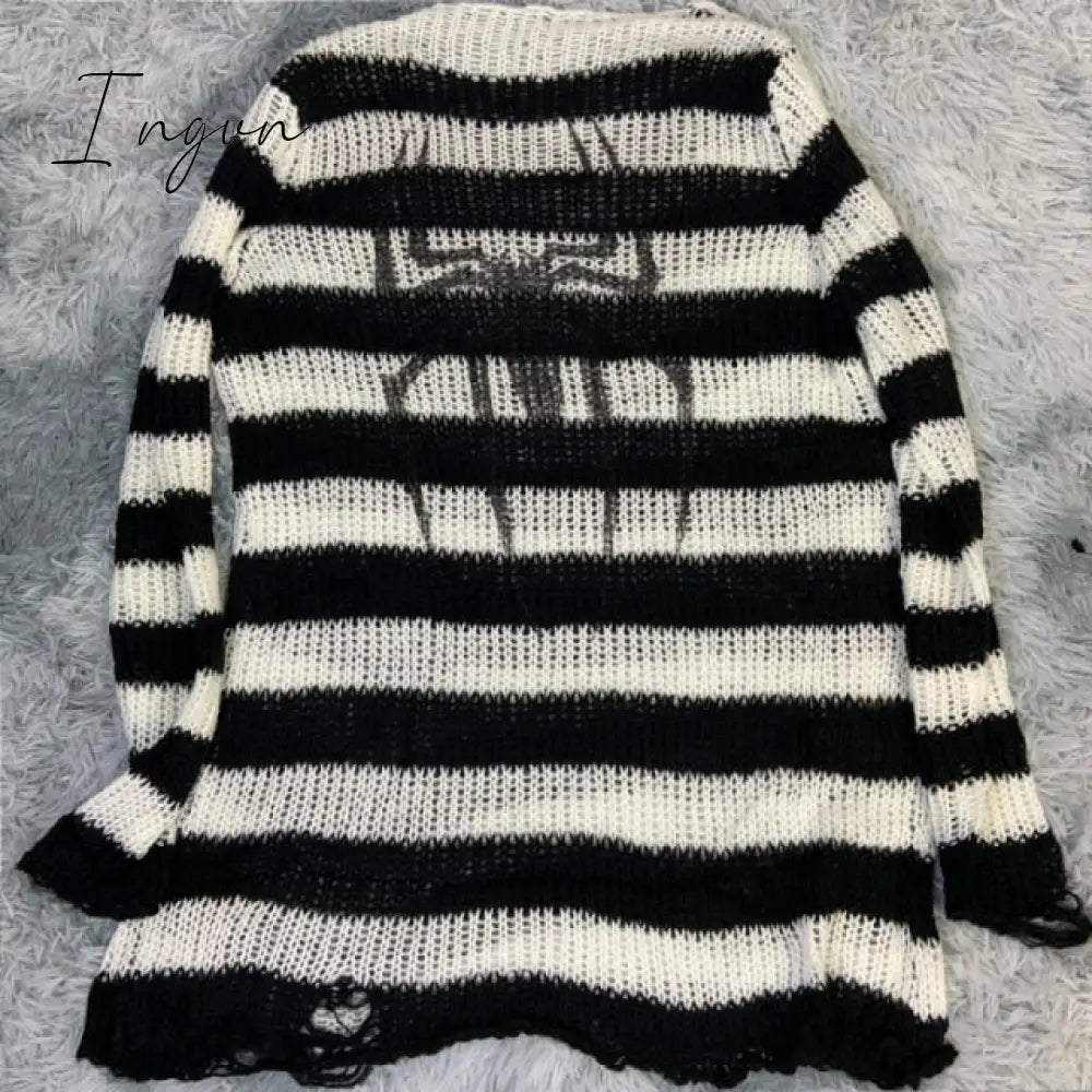 Ingvn - Plus Size Punk Gothic Long Unisex Sweater Dress Cool Hollow Out Hole Broken Jumper Loose Rock Thin Sweter Women Man Striped