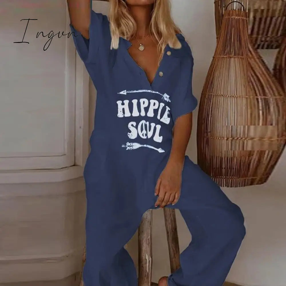 Ingvn - Summer Short Sleeve Eyelash Print Jumpsuit Casual Women Cotton Linen Playsuits V Neck Button Loose Overalls Romper Bodysuit