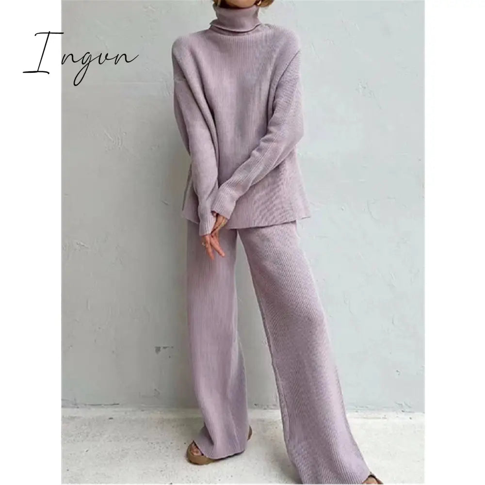 Ingvn - Autumn Winter 2 Pieces Women Sets Knitted Tracksuit Turtleneck Sweater and Wide Leg Jogging Pants Pullover Suit New