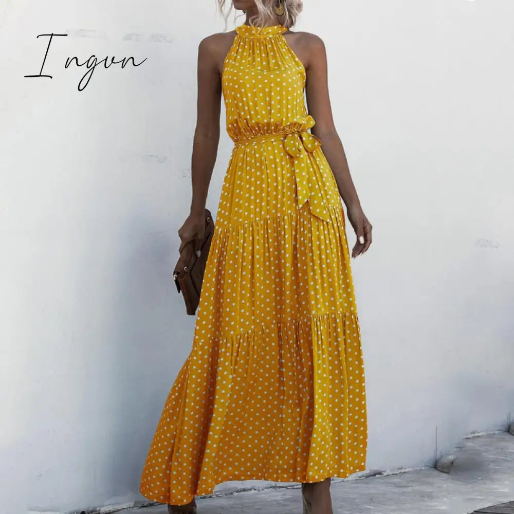 Ingvn - Summer Elegant  beach Women Dress long Print Flowers Polka-dot strap Ladies Halter boho Dress Vintage party ladies Dress