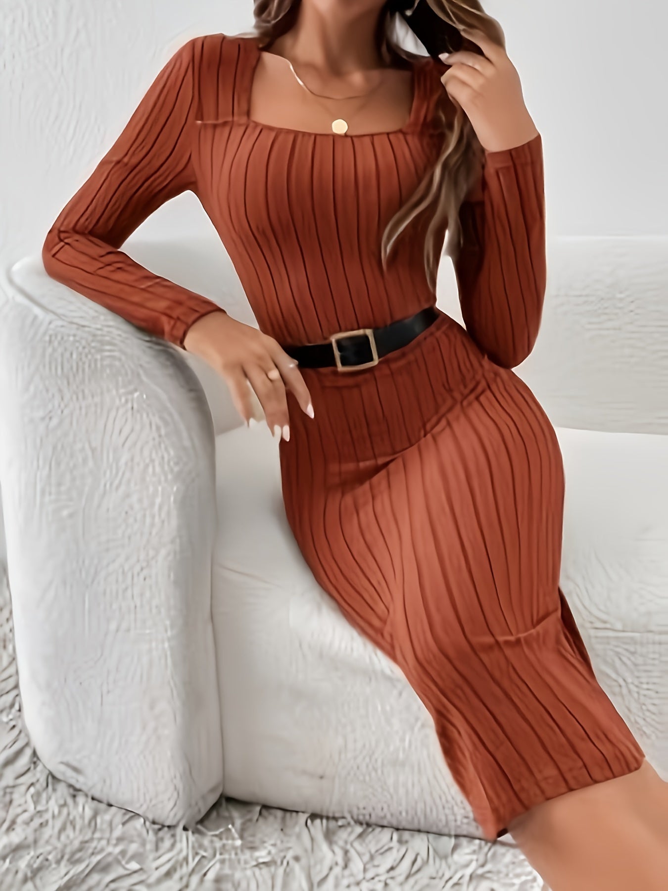 Elegant Long Sleeve Knit Dress for Women - Solid Color, Square Neck, Fitted Polyester Midi Skirt Dress, No Bra Pad, Autumn Collection