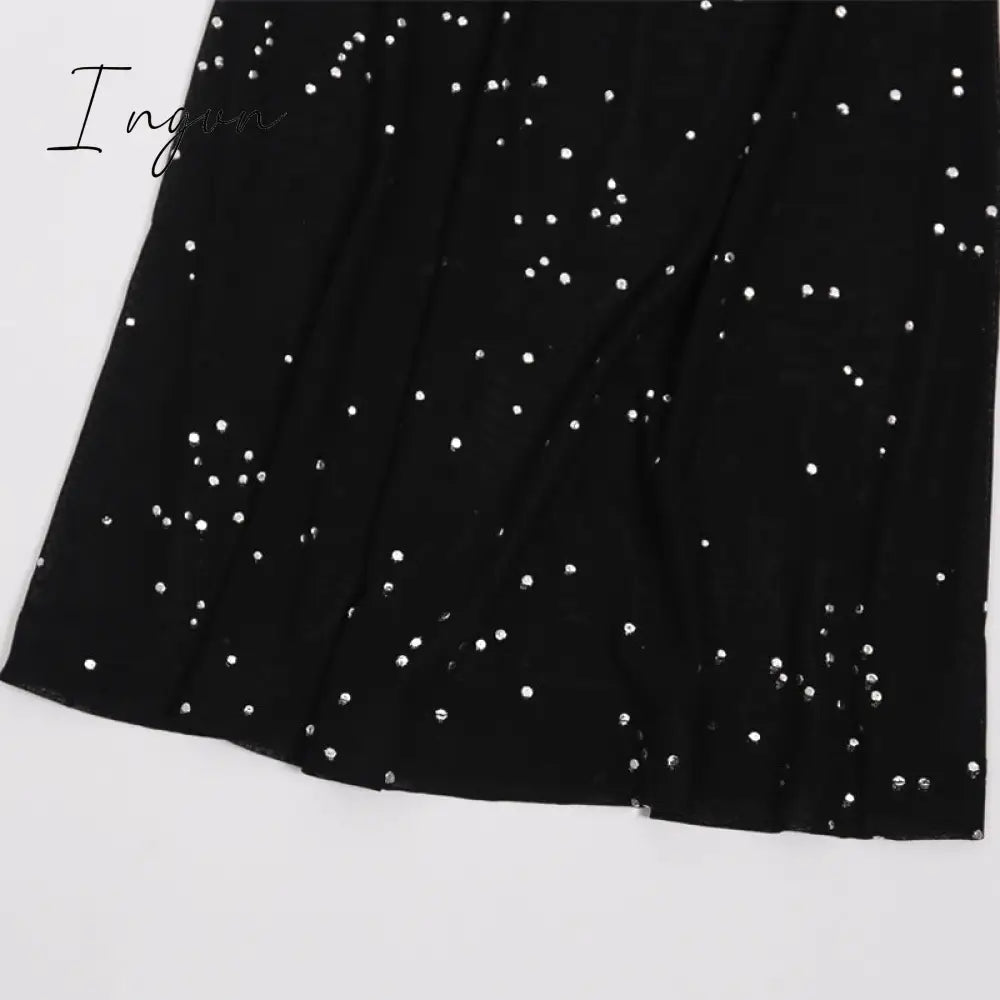 Ingvn - Glitter Black Mesh Sexy Flare Pants Streetwear Rave Bottoms See Through Beach Bell Bottom Pants Summer 2023