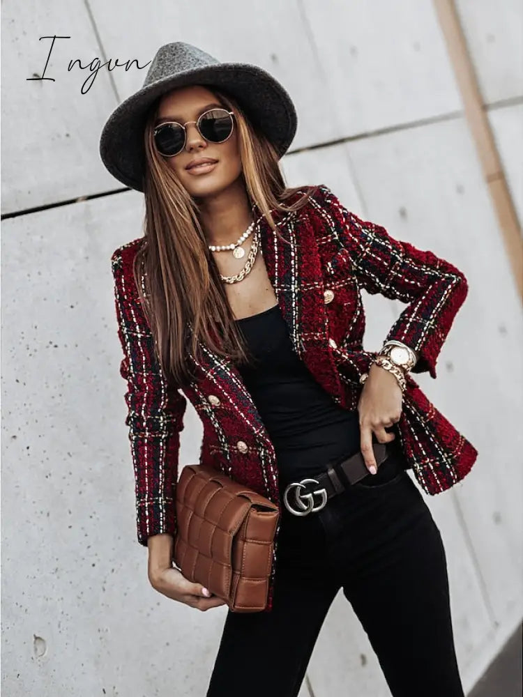 Ingvn - Women's Blazer Tweed Plaid Long Sleeve Coat Fall Winter Business Double Breasted Regular Jacket Green Brown XL 2XL 3XL