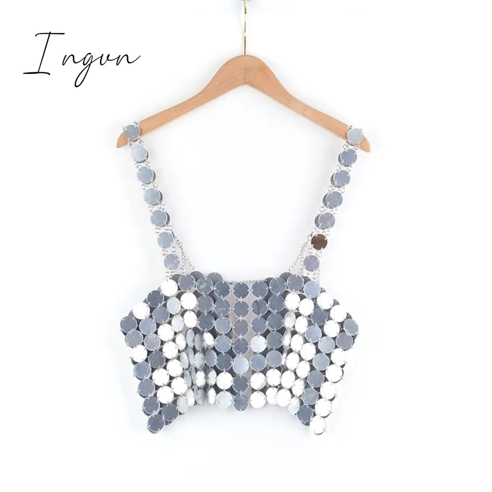 Ingvn - Leqoel Women Sequined Tank Tops for Women Fashion Female Clothing Shiny Metal Shoulder Strap Sexy Backless Mesh Crop Top