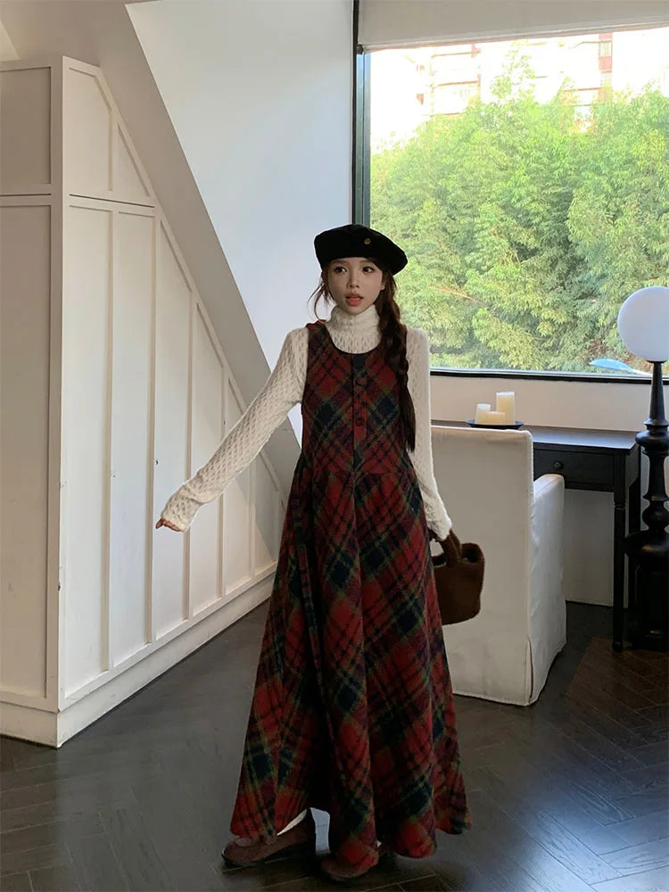 Winter Plaid A-line Skirt Women Clothing Woolen Vest Dress Sweet Age Reduction Vintage Dresses Korean Fashion Vestidos