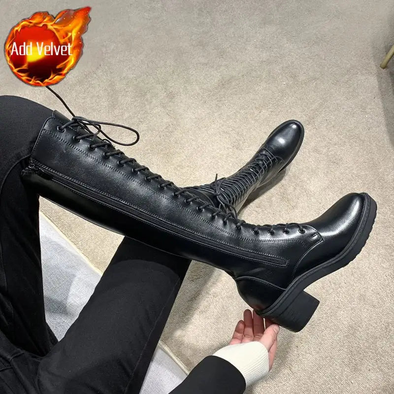 Ingvn  Footwear Long Ladies Boots Elegant Heeled High Heels Shoes for Women Lace-up Winter Knee Shaft with Laces White Spring Autumn Pu