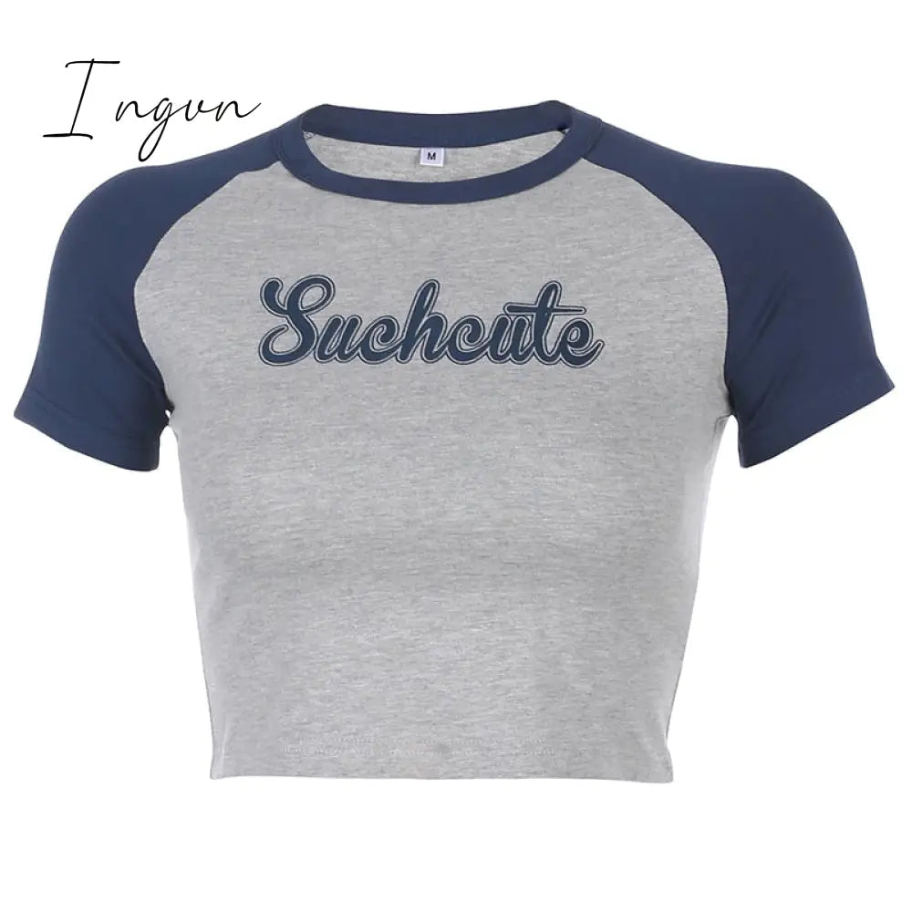 Ingvn - Patchwork Letter Print Casual Cotton Tshirt Women Fashion Long Sleeve Cropped T-shirt Ladies Skinny Basic Streetwear