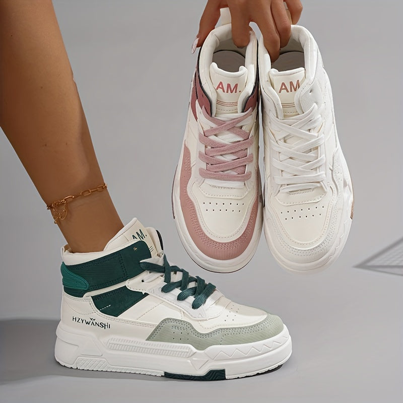 Trendy Women's High-Top Sneakers - Versatile White, Lace-Up Casual Shoes with Thick Sole, Breathable PU Cover & Comfort Fabric