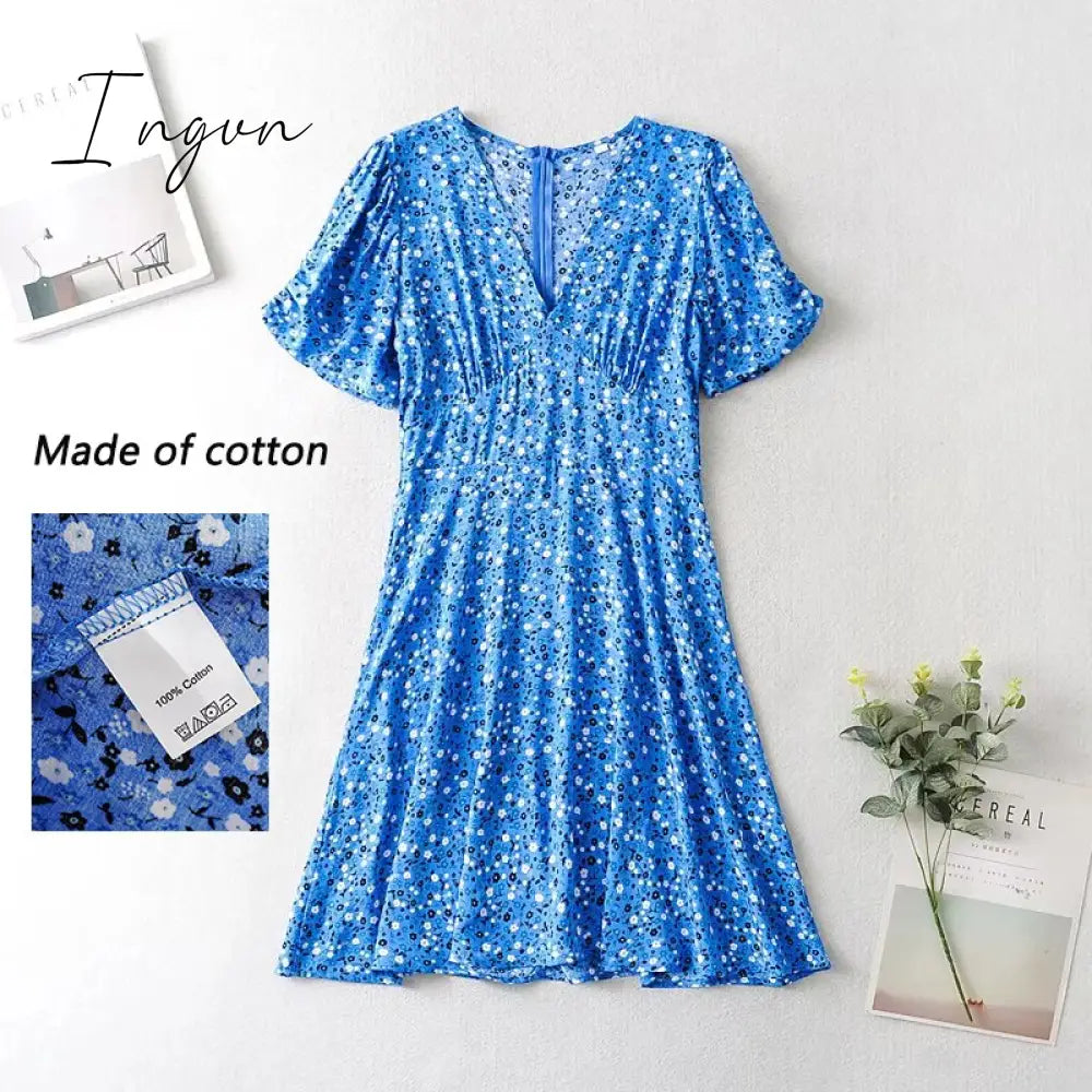 Ingvn - Fashion Foridol Blue Floral Print Summer Beach Dress Women Casual Holiday Short Sleeve Dress Boho Sundress Vestidos Fashion Clothes