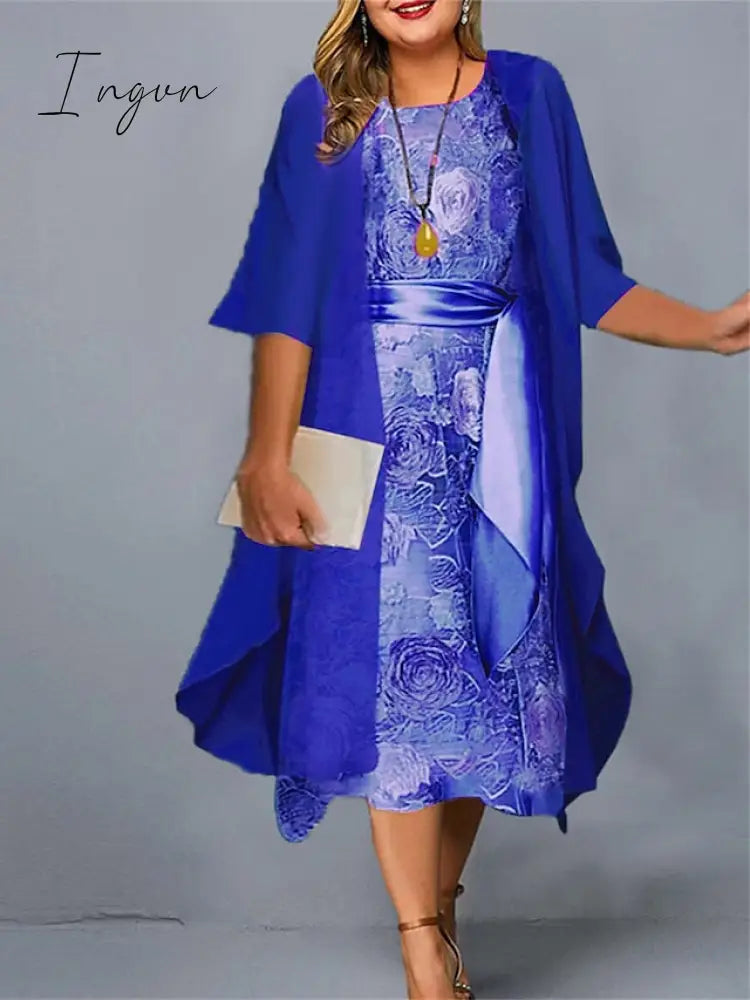 Ingvn - Women's Plus Size Casual Dress Dress Set Two Piece Dress Floral Midi Dress 3/4 Length Sleeve Crew Neck Fashion Daily Pink Wine Summer Spring L XL XXL 3XL 4XL