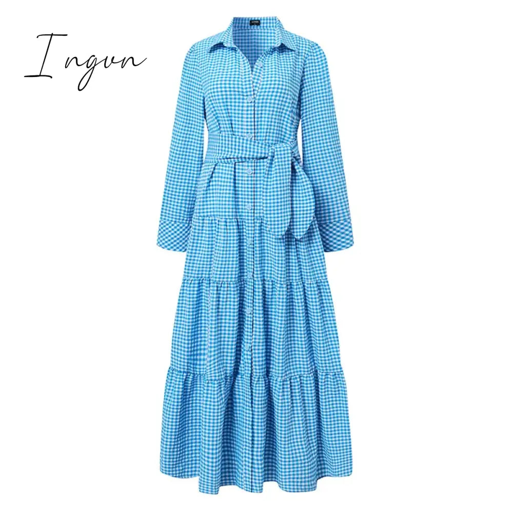Ingvn - Spring Shirt Dress Women Long Sleeve Party Dresses Casual Lapel Button Vintage Belted Pockets Sundress Plaid Printed Robes