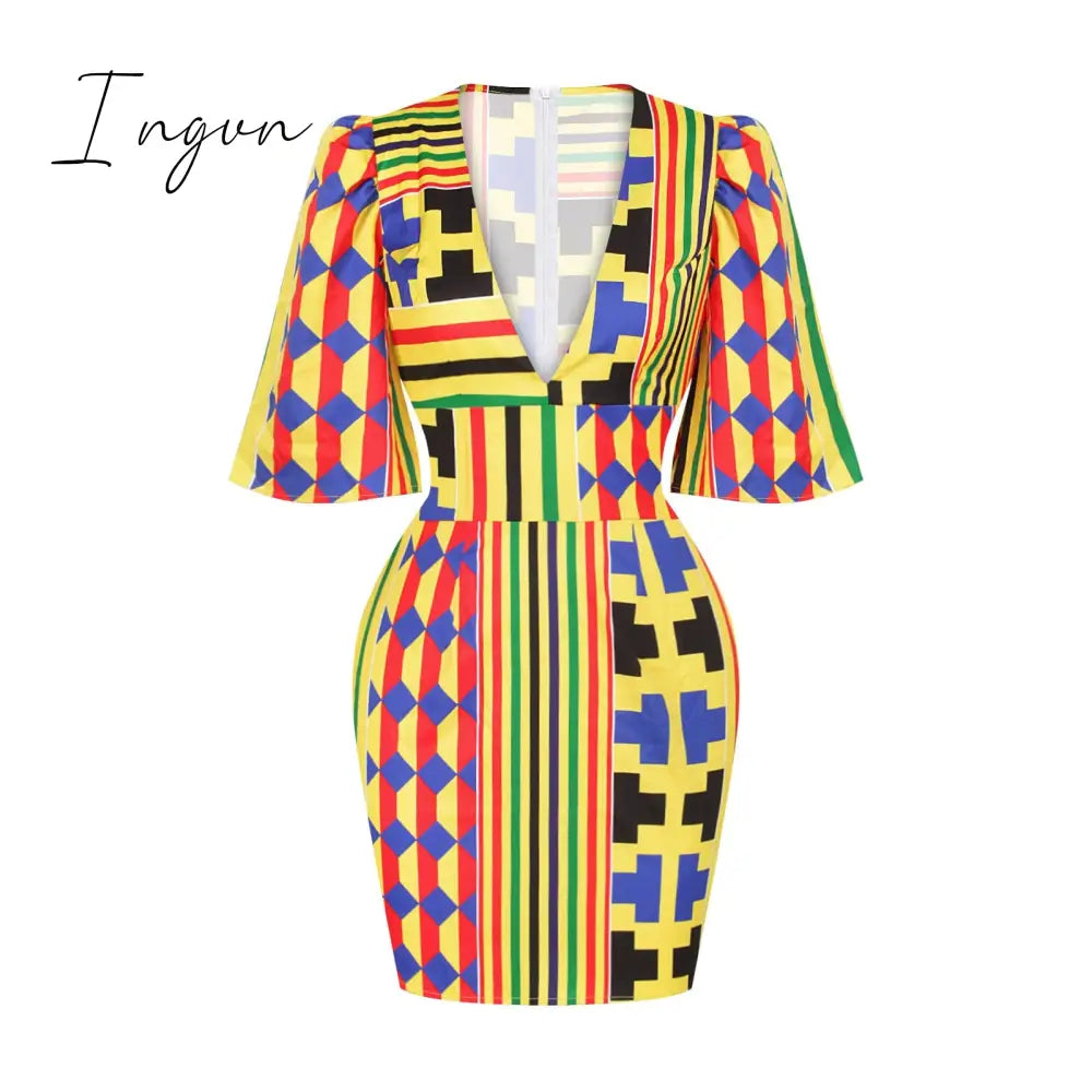 Ingvn - African Dresses for Women New Fashion Summer V-neck African Short Sleeve Printing Dress African Women Clothes