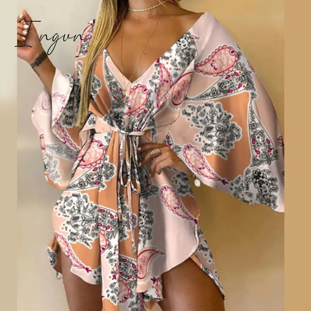 Ingvn - Summer Outfits Casual Leaf Leopard Print Harajuku Batwing Sleeve Dress Lady Elegant Lace-Up Irregular Party Dress Sexy V-Neck Women Mini Dress