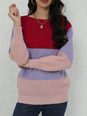 Color Block Boat Neck Pullover Sweater, Casual Long Sleeve Loose Sweater, Women's Clothing