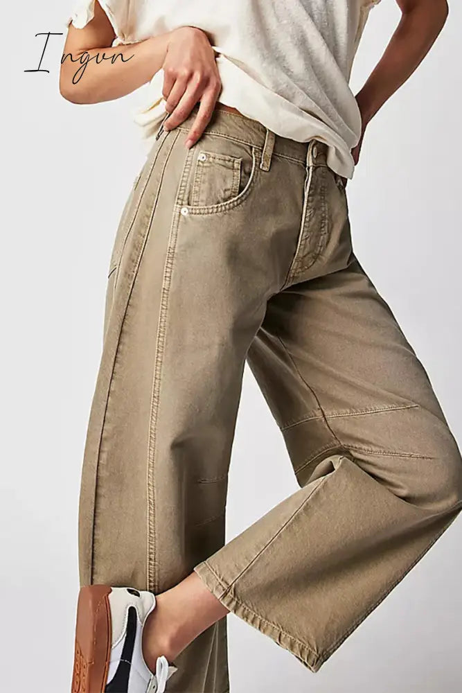 Ingvn- Casual Vintage Solid Pocket Without Belt Mid Waist Loose Denim Jeans(No Belt)