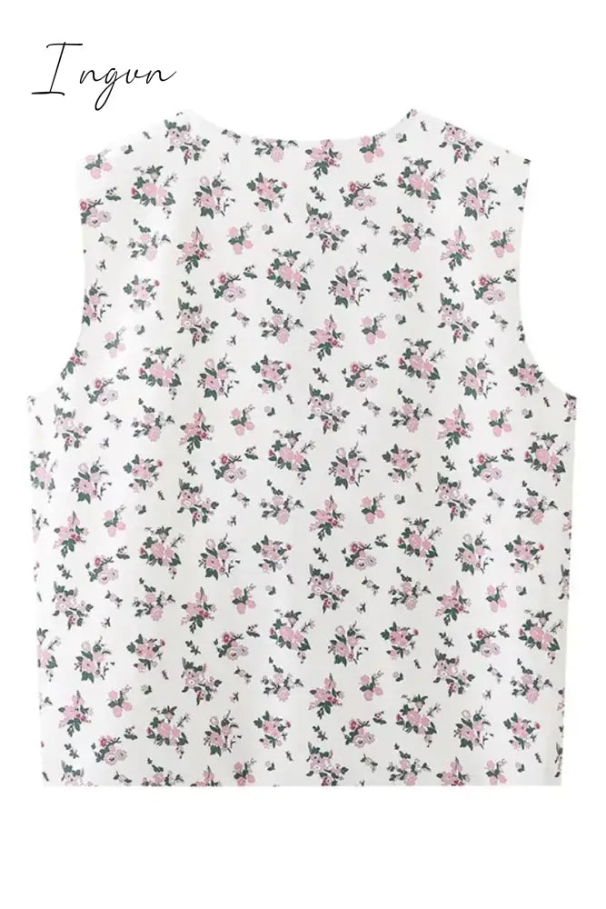 Casual Sweet Print Flowers Frenulum V Neck Tops