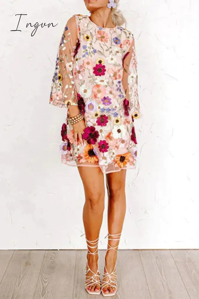 Ingvn - Sweet Elegant Color Block Appliques Wrapped Skirt Dresses