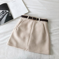 Voguable England Solid Women Belt Skirt winter fashion High Waist A-line pocket Skirt Females Mini Office ladies 5 color casual Skirts