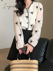 Ingvn - Printed Shirt for Women Spring 2023 New Long Sleeve V Neck Vintage Elegant Blouse Fashion Casual Button Up Y2k Top
