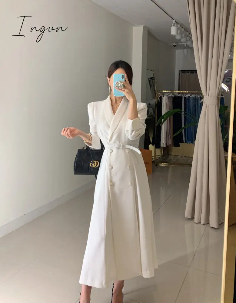 Ingvn - New French Spring Elegant Double Breasted Belted Sashes Women Suit Dress Autumn Office Long Sleeve Slim Waist Female Dress