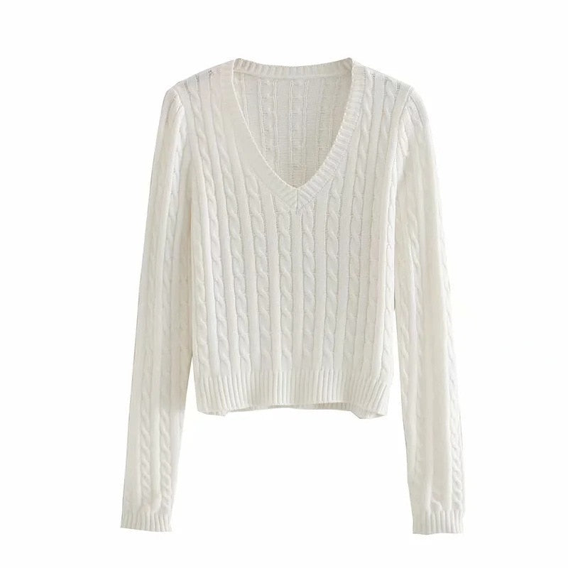 Brandy Mandy Sweaters Women White Knit Sweater Autumn Winter V Neck Long Sleev Knitted Sweater Navy Pullover Brandy Girl Sweater