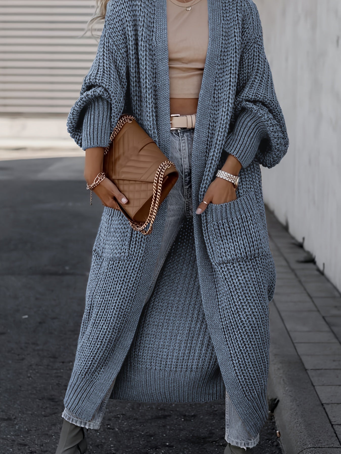 Solid Open Front Pocket Cardigan, Casual Long Sleeve Long Length Sweater For Fall & Winter, Women's Clothing