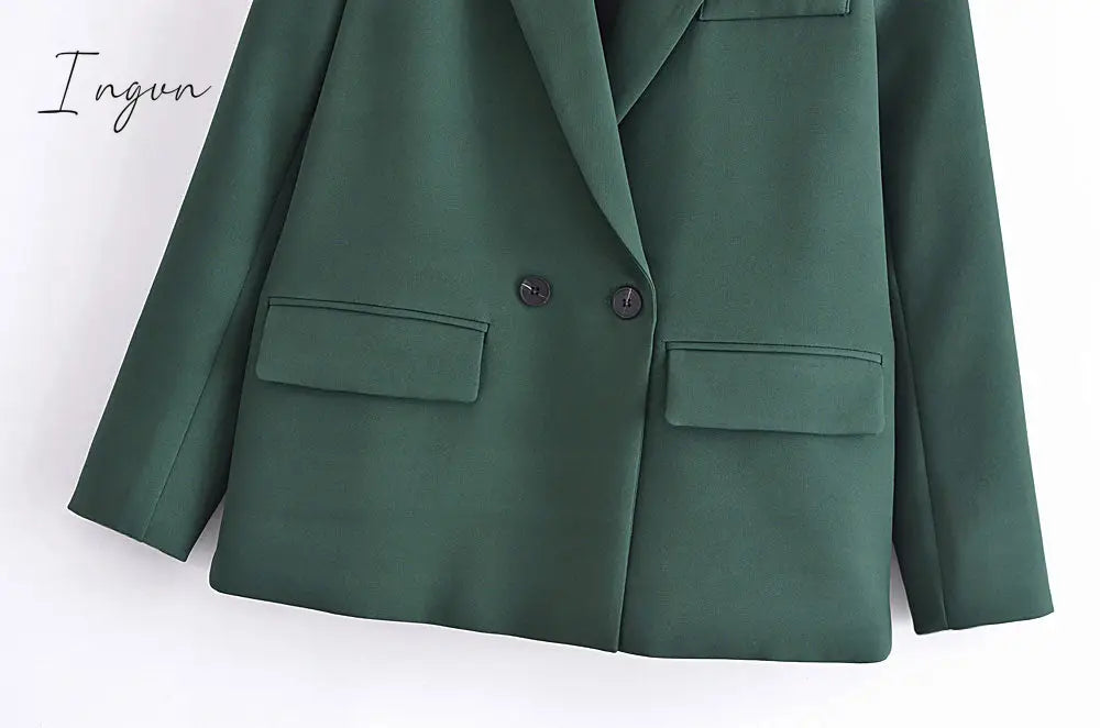 Ingvn - Women Fashion Solid Double Breasted Blazers Female Elegant Long Sleeves Loose Jacket Coats Office Ladies Outerwear Top