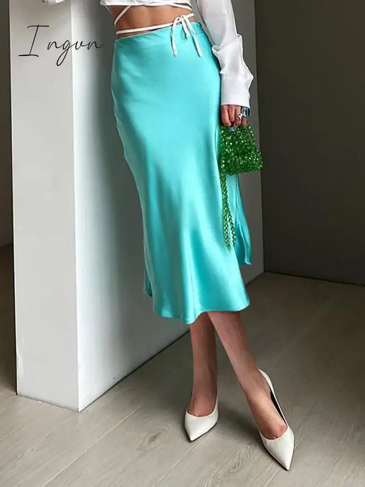 Ingvn - Solid Purple Satin Silk Skirt Women High Waisted Summer Long Skirt New Elegant Ladies Office Skirts Midi Spring
