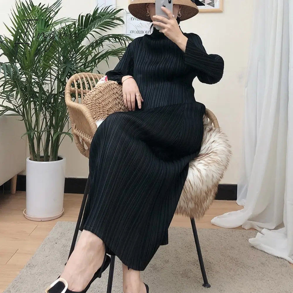 Ingvn - Trends Spring Winter Miyake Pleated Women Comfortable Dress Long Sleeve High Quality Korean Style Casual Aesthetic Clothes