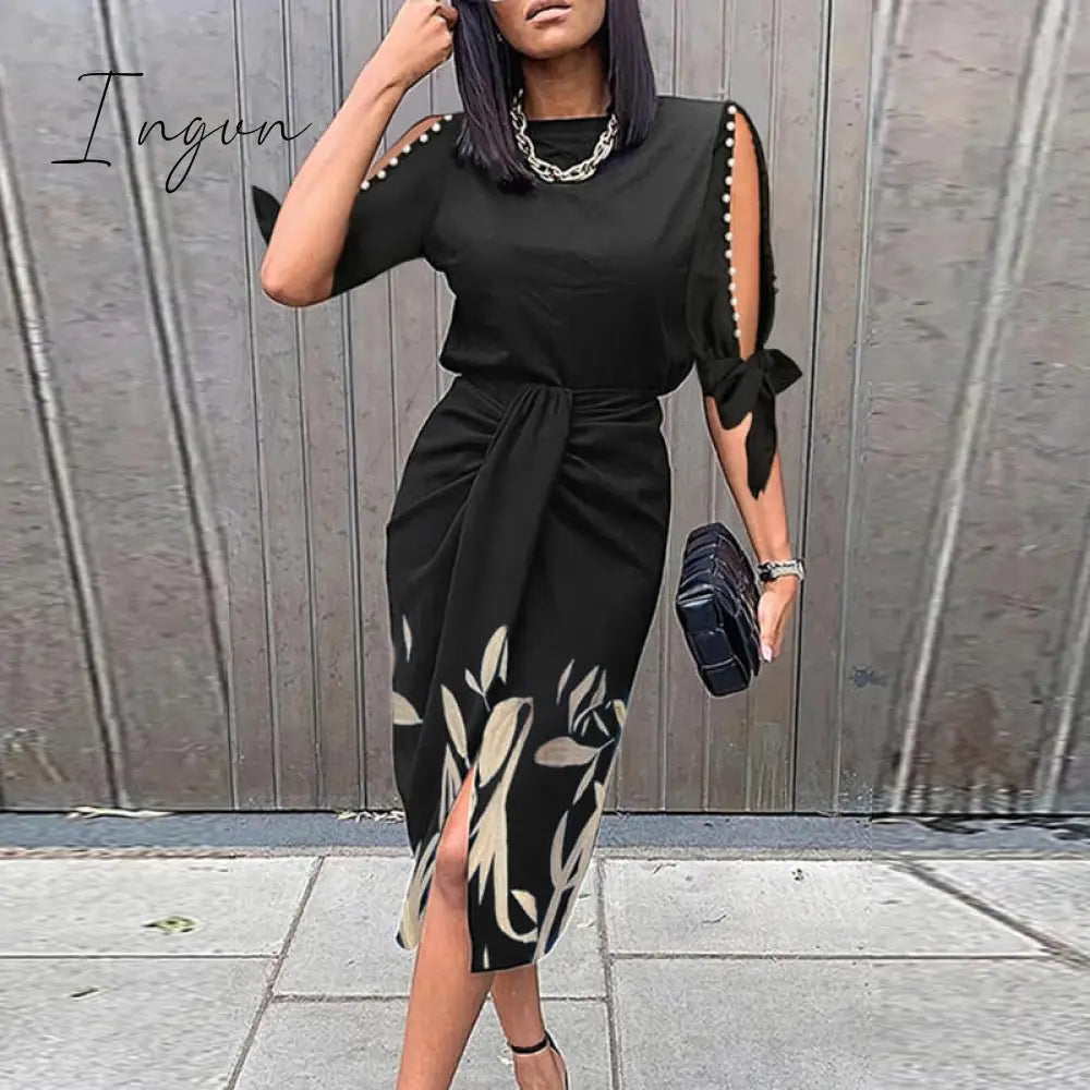 Ingvn - Vintage Print Elegant Women Folds Slim Dress Casual Hollow Out Patchwork Half Sleeve Dress Female Summer Round Neck Party Dress