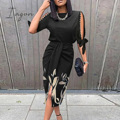 Ingvn - Vintage Print Elegant Women Folds Slim Dress Casual Hollow Out Patchwork Half Sleeve Dress Female Summer Round Neck Party Dress