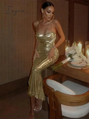 Ingvn - Women Sexy Spaghetti Strap Gold Midi Dress Fashion Wrap Chest Slim Backless Dresses 2023 Summer Party Club Bodycon Vestidos