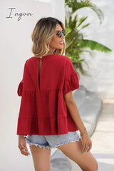 Ingvn - Round Neck Ruched Short Sleeve Blouse