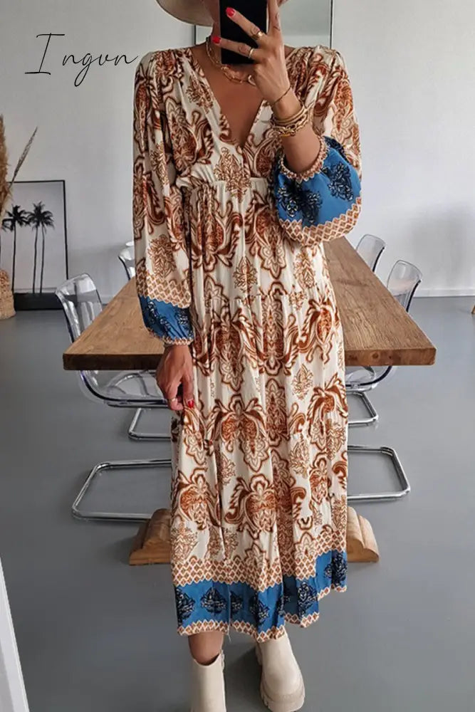 Ingvn - Casual Bohemian Floral Fold V Neck Printed Dresses(4 Colors)