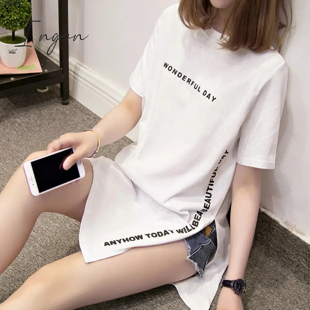 Ingvn - Fashion Trends Plus size Wonderful Day Print Long T shirts Summer Women Loose Slit Femme Tops Cotton Tshirt Short sleeve Ladies t-shirt