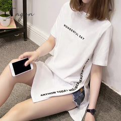 Ingvn - Fashion Trends Plus size Wonderful Day Print Long T shirts Summer Women Loose Slit Femme Tops Cotton Tshirt Short sleeve Ladies t-shirt