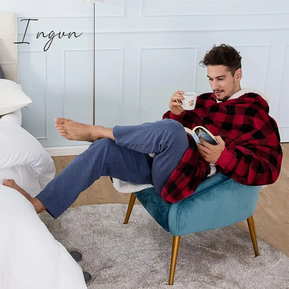 Ingvn - Women‘s Couple‘s Pajamas Nightgown Hoodie Blanket Wearable Blanket Christmas Grid / Plaid Pure Color Plush Simple Comfort Home Party Fleece Warm Gift Patchwork Pocket Fall Winter Black Gray