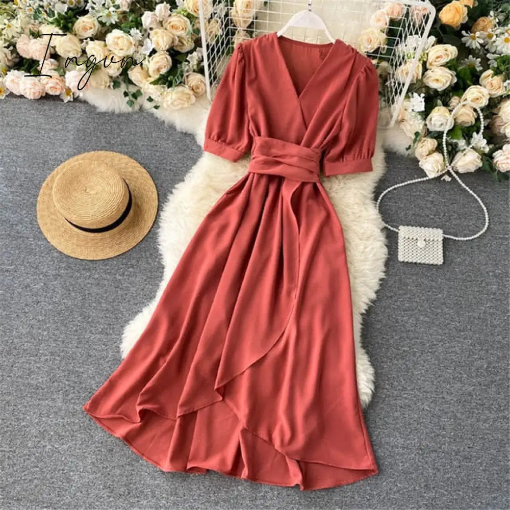 Ingvn - Women Summer Midi French Dress Sweet V-Neck Puff Sleeve High Waist Elegant Solid Woman Dresses Female Clothing New Year