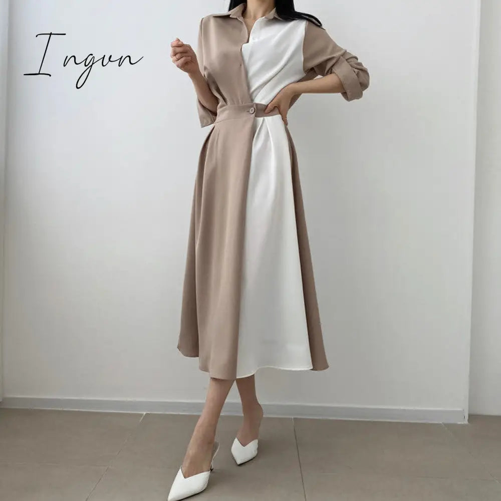 Ingvn - Spring Autumn Retro Temperament Contrast Color Lapel Long-Sleeved Shirt Female Midi Dress Korean Elegant Fashion Slim Chic Dress